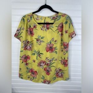 Lily White Yellow Floral Short Sleeve Keyhole Neck Sheer Blouse XL Women’s EUC